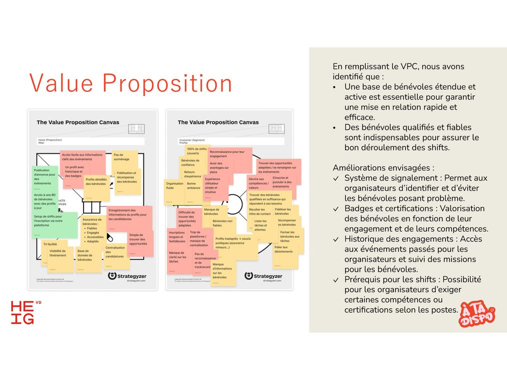 Two value proposition canvases for À ta Dispo, mapping the jobs, pains, and gains of volunteers and organizers against the platform's features.