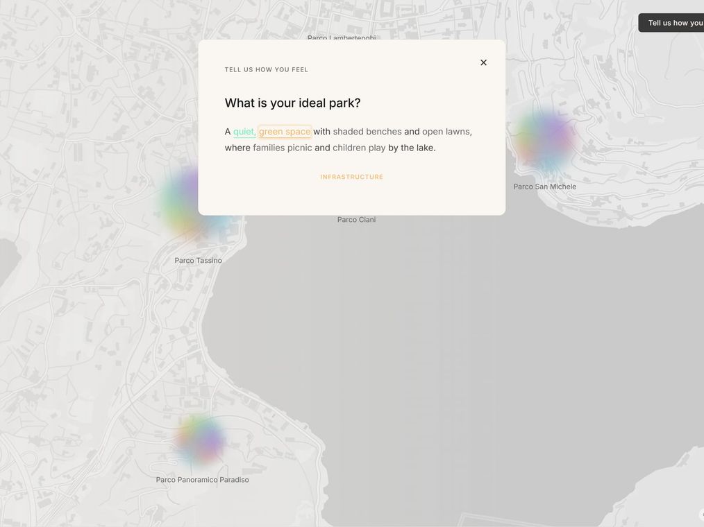 The contribution prompt: a reader types their ideal park and the words are classified live against the six lenses.