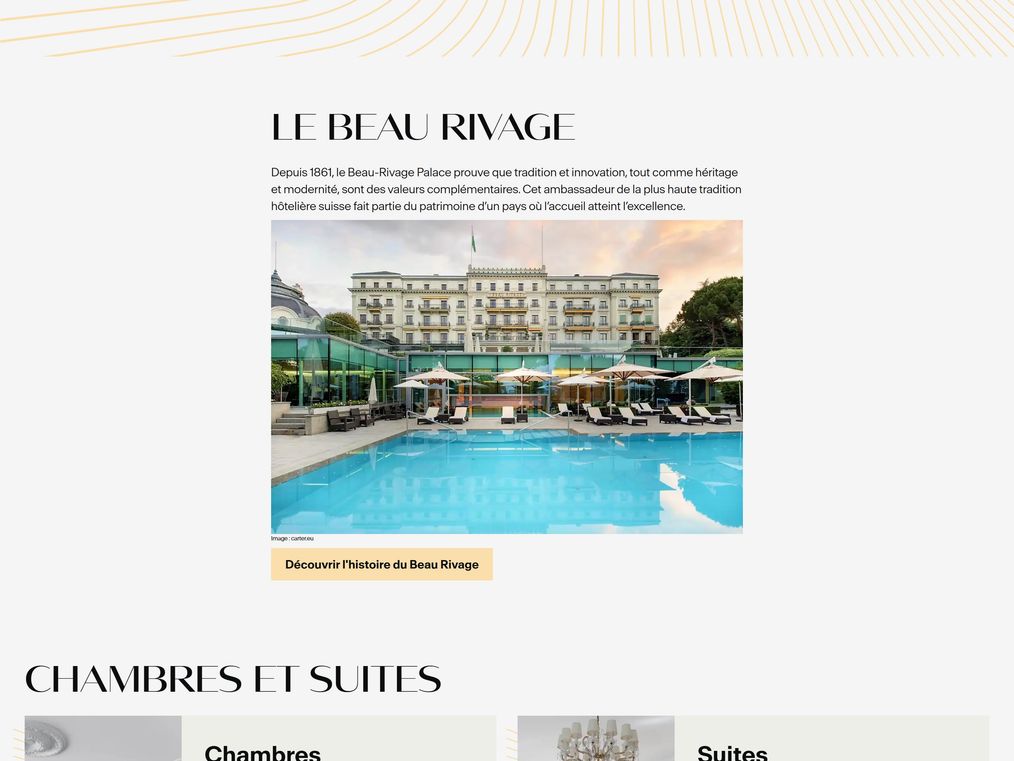 Redesigned homepage editorial band: the Beau-Rivage Palace facade above its outdoor pool and Lake Geneva, under the heading Le Beau Rivage.