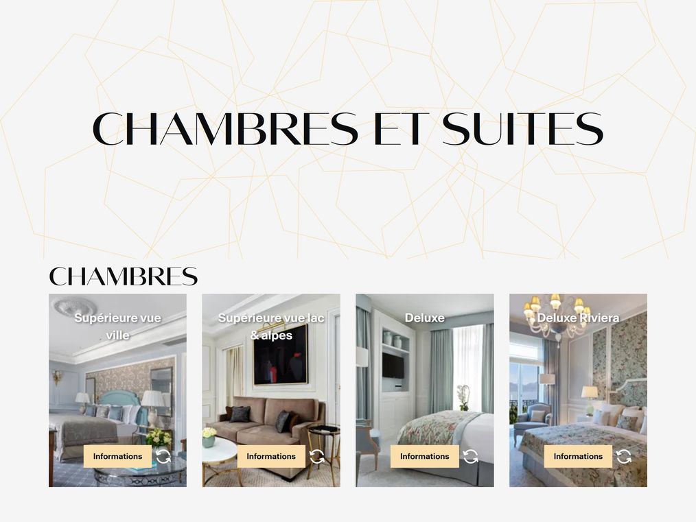 Redesigned Chambres et Suites page: four room cards (Supérieure vue ville, vue lac et alpes, Deluxe, Deluxe Riviera) in optimized interior photography.