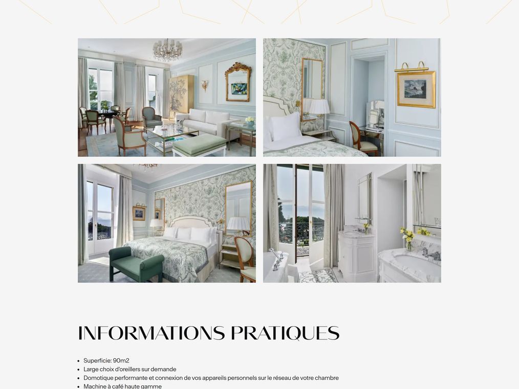 The Suite Riviera page: a four-image grid of the suite's salon, bedroom and lake-view bathroom in optimized photography.