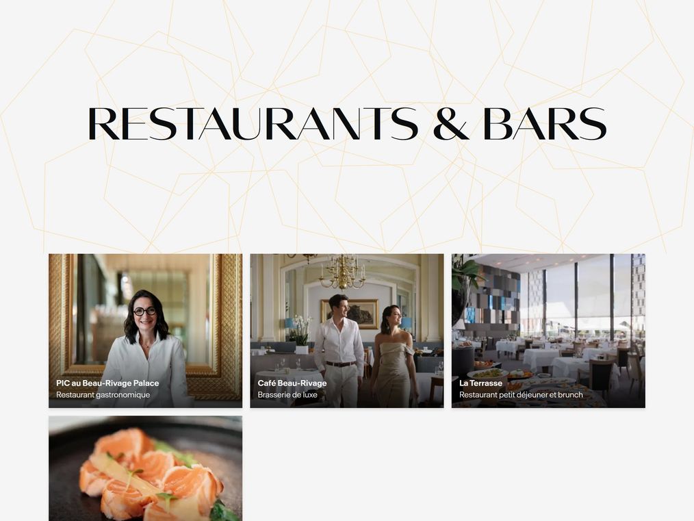 Redesigned Restaurants et Bars page: cards for PIC au Beau-Rivage Palace, Café Beau-Rivage and La Terrasse in optimized photography.