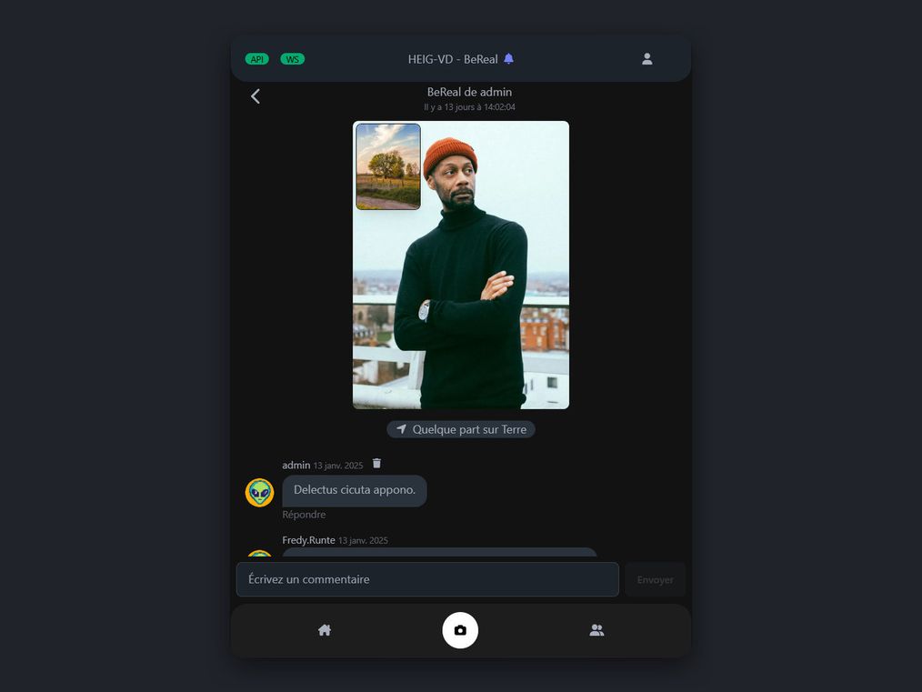 A post opened on its detail screen with a comment thread below, showing replies and a comment input field.