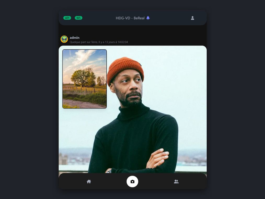 The news feed on a dark mobile interface: a friend's dual photo shown full-width, a landscape rear shot with the selfie inset, under the app header and above a bottom navigation bar.