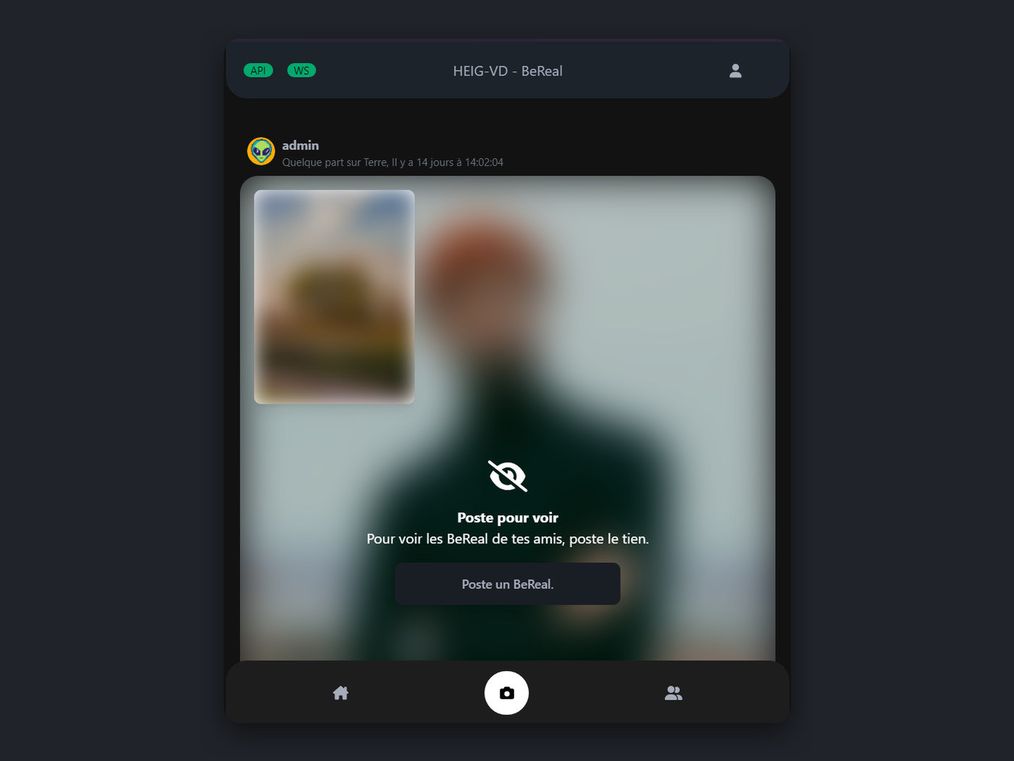 The feed blurred behind a centered prompt reading Poste pour voir, telling the user to post their own BeReal before they can see their friends' posts.