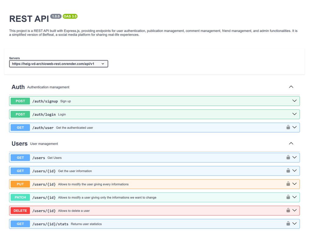 The Swagger UI for the REST API, listing endpoint groups for Auth, Users and Publications with color-coded GET, POST, PUT, PATCH and DELETE methods.