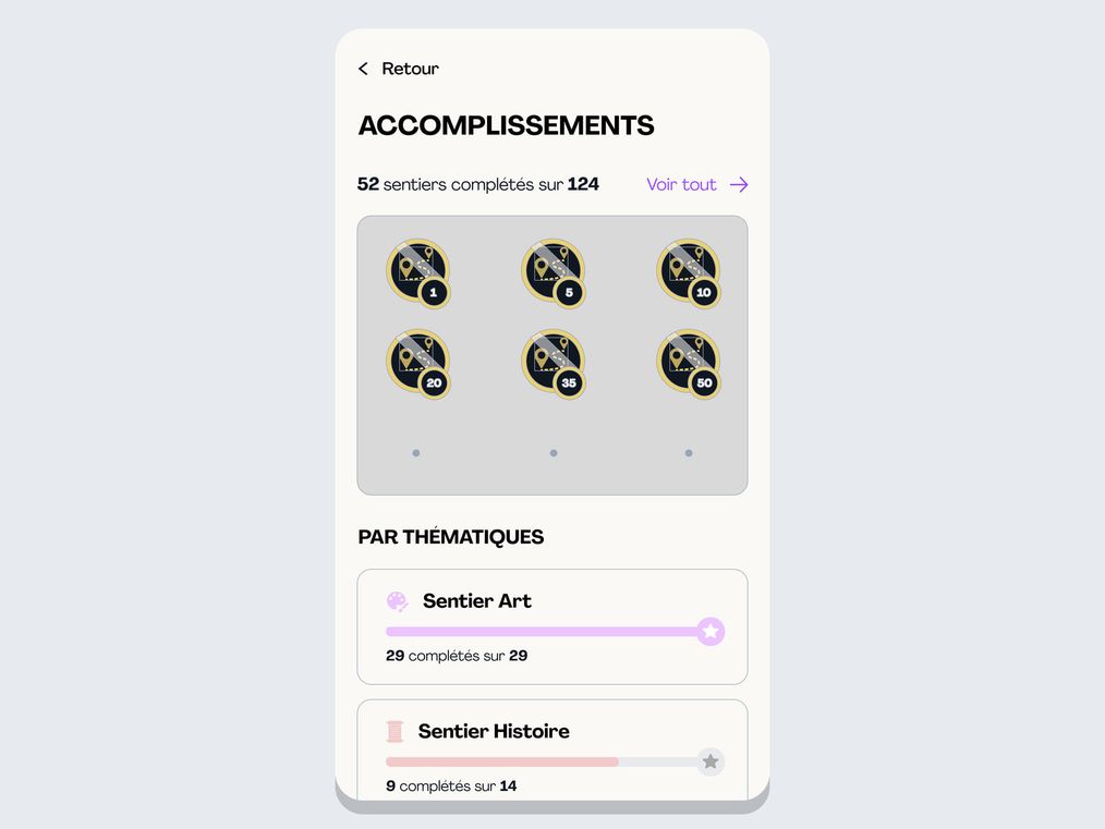 The achievements screen on mobile, "Accomplissements": a grid of earned badges above progress bars broken down by theme such as art and history.