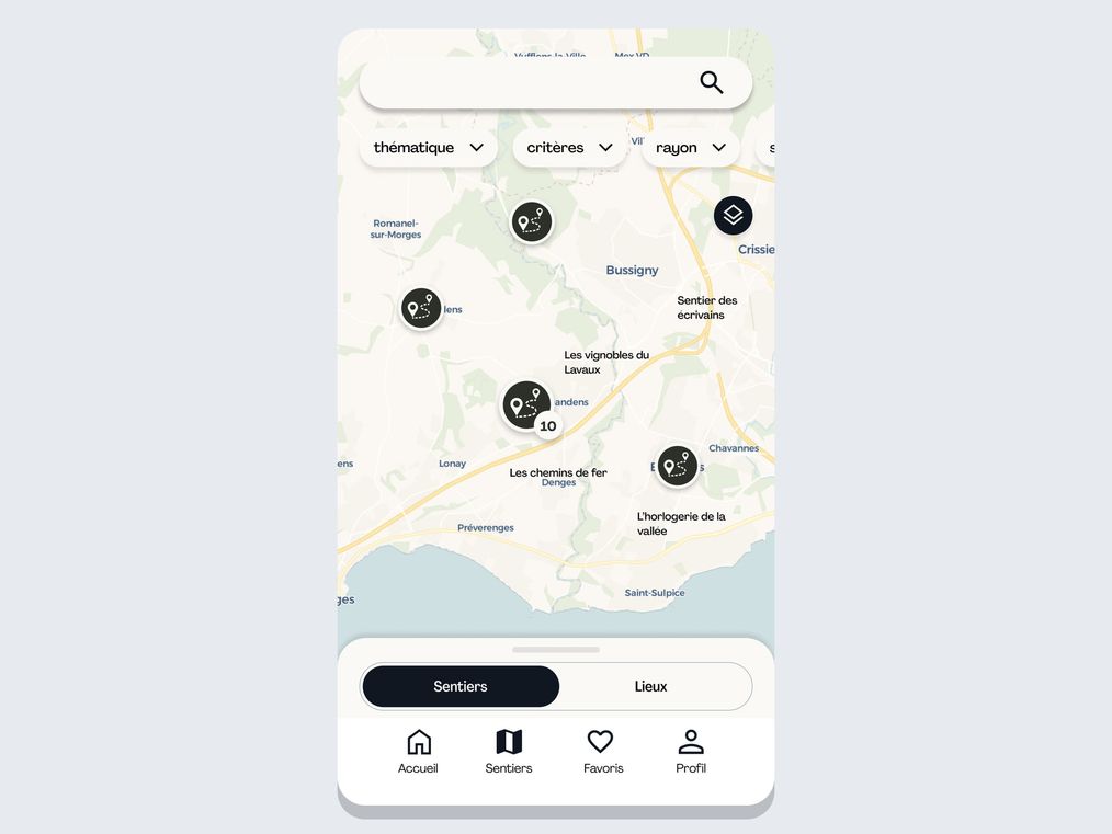 The explore map on mobile: trails and points of interest shown as pins across the Lausanne and Lavaux shore, with filters for theme, criteria and radius, and a Sentiers / Lieux toggle.