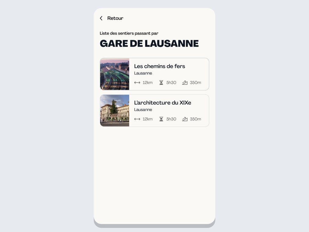 A place page on mobile, "Gare de Lausanne", listing the trails that pass through it, each with a photo, distance, duration and elevation gain.