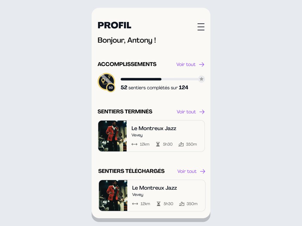 The profile screen on mobile, "Profil": a completion statistic, lists of completed and downloaded trails, and written reviews, above the app's bottom navigation.