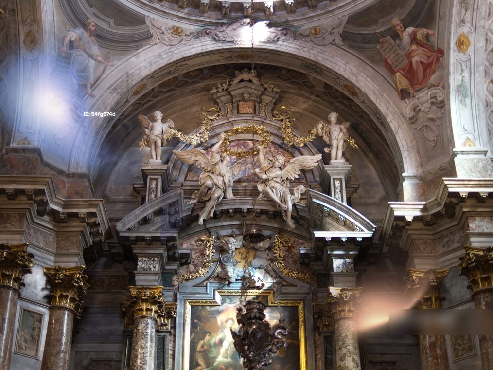 An ELEN capture inside a baroque church: faint spectral presences drift among the gilded altar, angels, and frescoes.