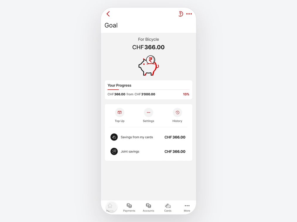 A child's savings-goal screen for a bicycle showing CHF 366 saved of CHF 3'000, a progress bar at 13 percent, and a piggy-bank illustration.