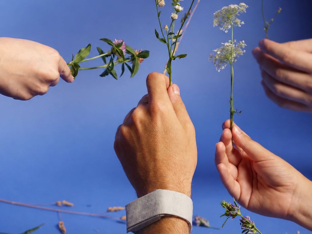 Two hands meeting over a sprig of wildflower, the Thea band on one wrist, against a cobalt sky.