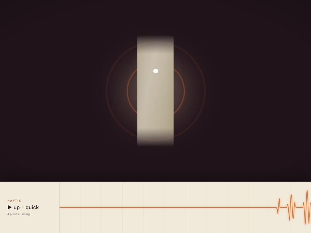 The demo's audience-facing screen on a dark stage: the Thea band with its loop glowing warm, orange rings rippling out from a haptic pulse, and an oscilloscope tracing the vibration along the bottom.