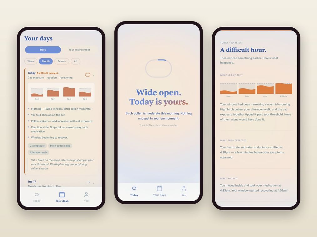 Three phones showing the live companion app: a day log with exposure bars, the daily dashboard reading 'Wide open. Today is yours.', and a post-event reconstruction of a difficult hour.