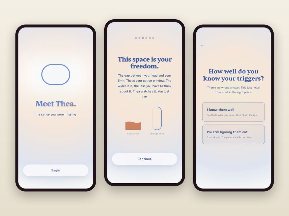Three phones showing the app's onboarding: 'Meet Thea, the sense you were missing', an explanation of the action window, and a question about how well you know your triggers.