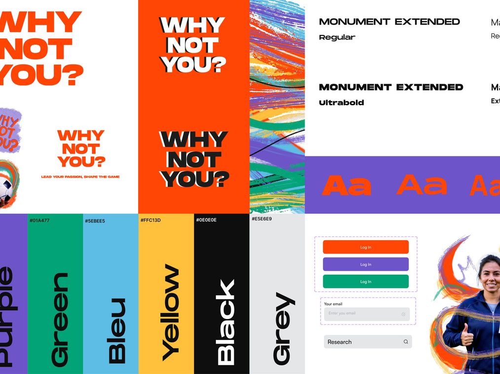 The visual identity board: the Why not you? wordmark in Monument Extended, Manrope type specimens, and the vivid palette of orange, purple, green, blue and yellow with brush strokes.