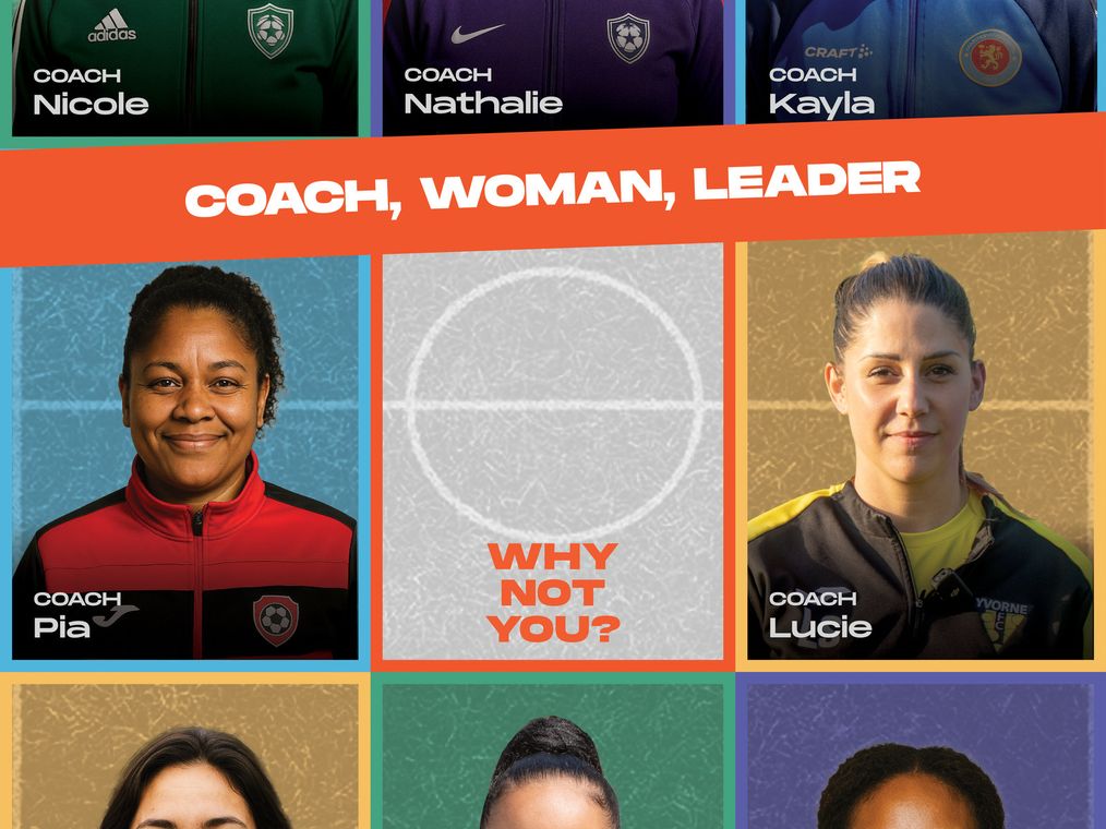 The awareness poster: nine portraits of real female coaches around a central mirror tile reading Why not you?, under the banner Coach, Woman, Leader.