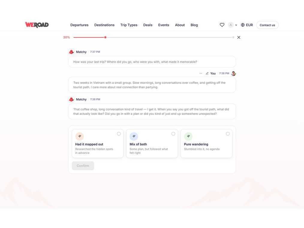 The live Matchy agent on the WeRoad site, profiling in conversation: it turns a traveler's trip story into a follow-up question with three answer options.