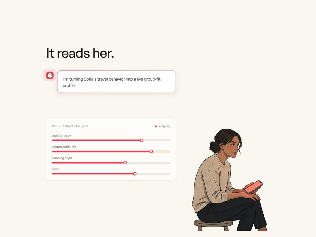 A scene from the scrollytelling one-pager, 'It reads her': the agent turning Sofia's travel behavior into a live behavioral-DNA profile, with Sofia reading on her phone beside it.