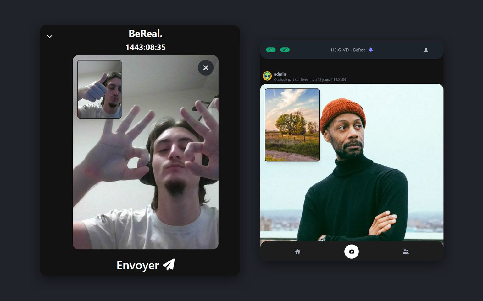 Re-coding BeReal: the composed dual-photo post beside a friend's feed, on a dark mobile interface.