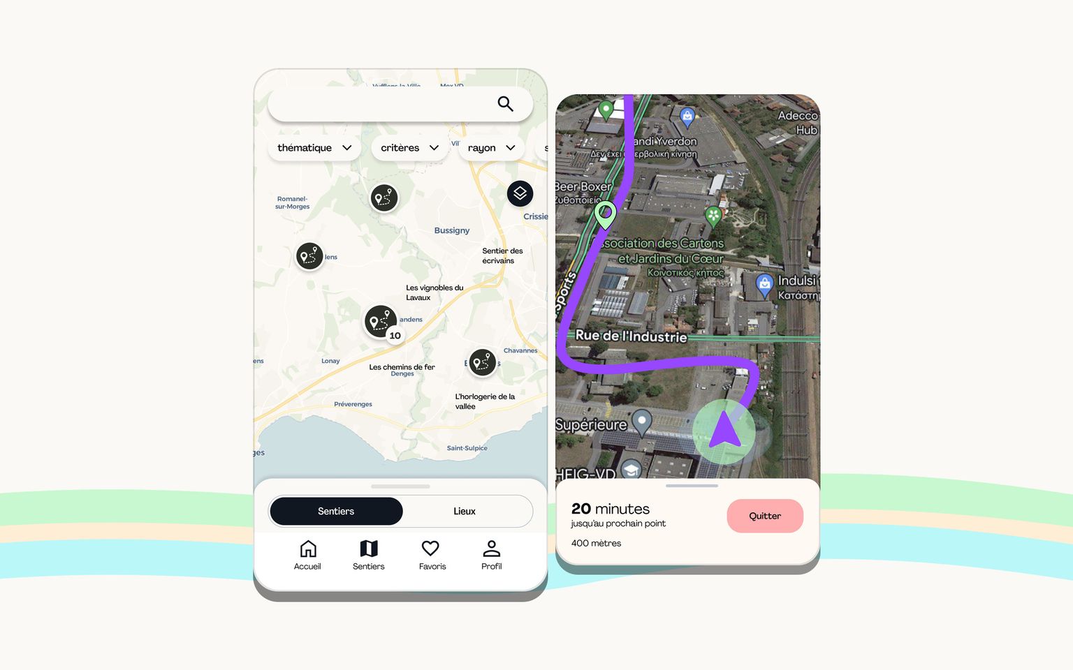 Two screens from the Sentiers culturels app on the project's green, peach and blue trail ribbon: the explore map of trails across the Lausanne shore, and in-walk navigation following a route on a satellite map.
