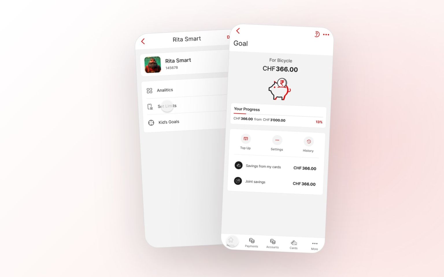 UBS Family Space concept: two phone screens on a soft red gradient, a parent's hub for the child's analytics, limits, and goals, and the child's savings-goal screen.