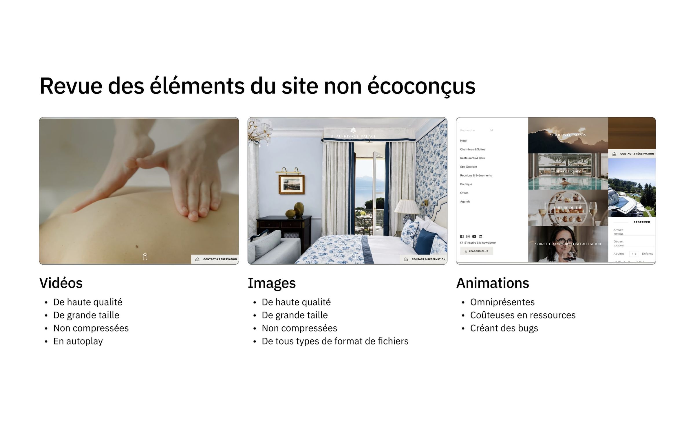 A project slide titled 'Revue des éléments du site non écoconçus' with three columns, Vidéos, Images and Animations, listing the original site's media as high quality, oversized, uncompressed and on autoplay.