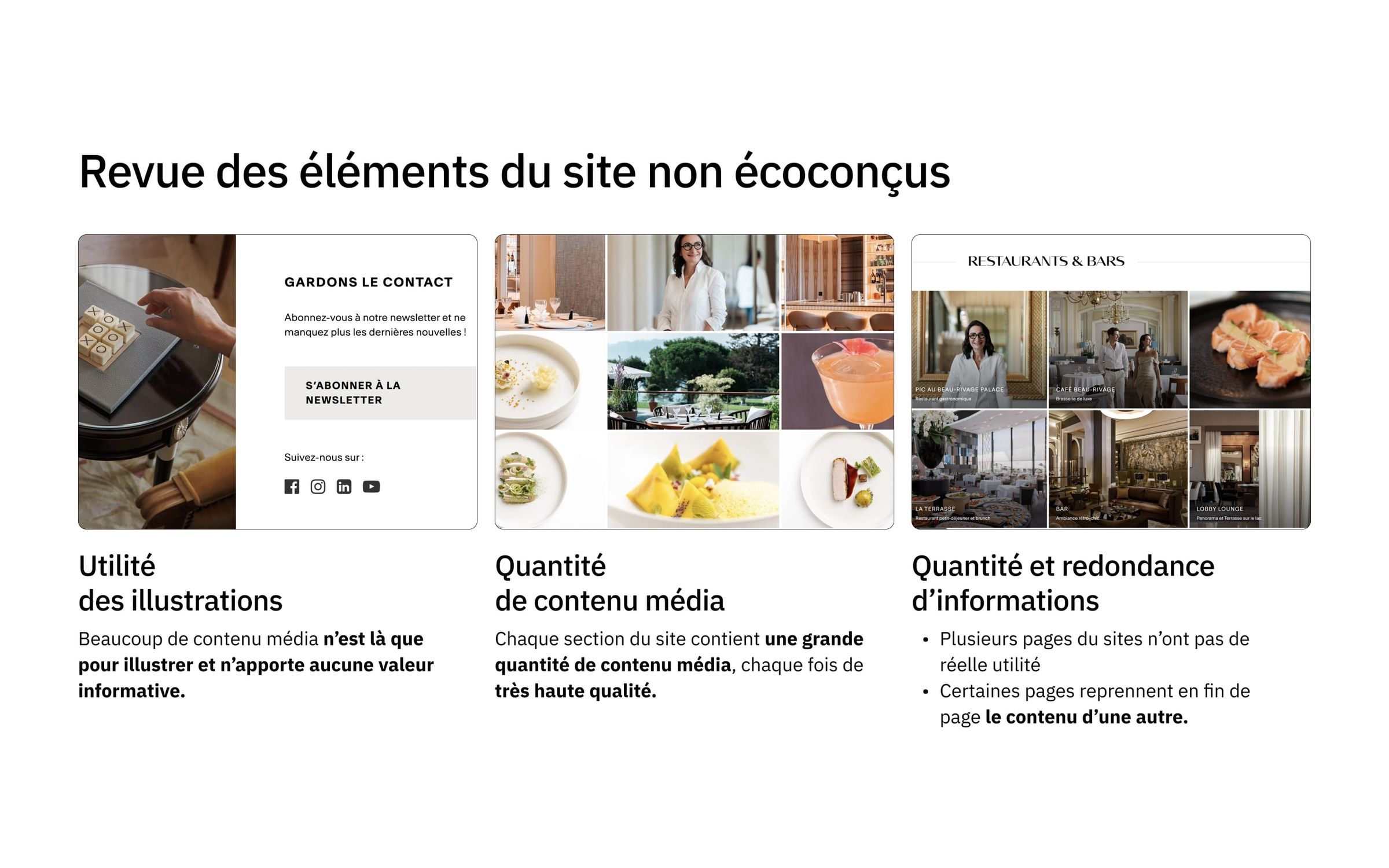A project slide titled 'Revue des éléments du site non écoconçus' noting illustrations with no informative value, very large quantities of high-quality media, and pages that repeat another page's content.