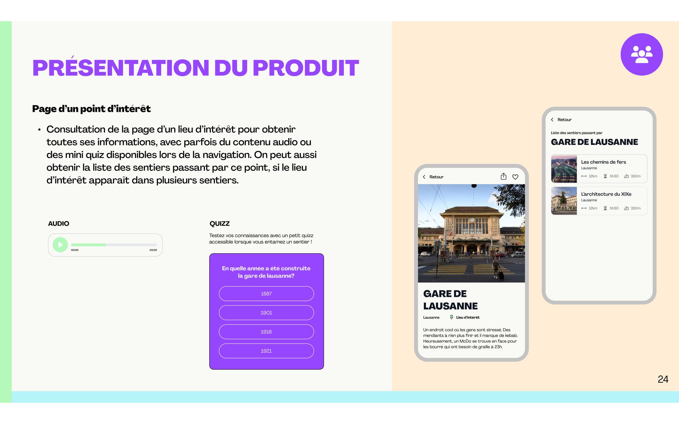 A product slide, "Page d'un point d'intérêt", showing a POI page on mobile (Gare de Lausanne) with an audio guide, a quiz, and the list of trails that pass through it.