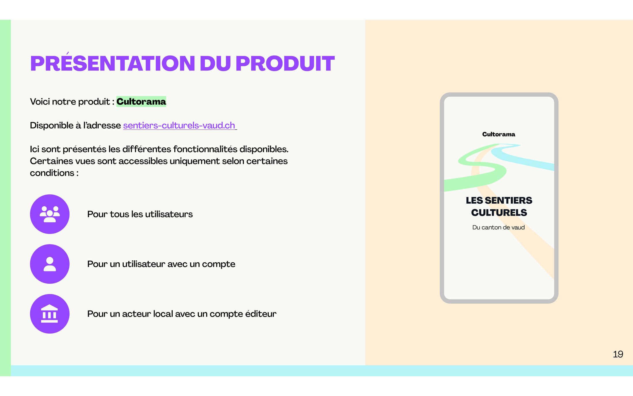 A product slide introducing the app at sentiers-culturels-vaud.ch, listing three access levels: for all users, for users with an account, and for a local actor with an editor account.