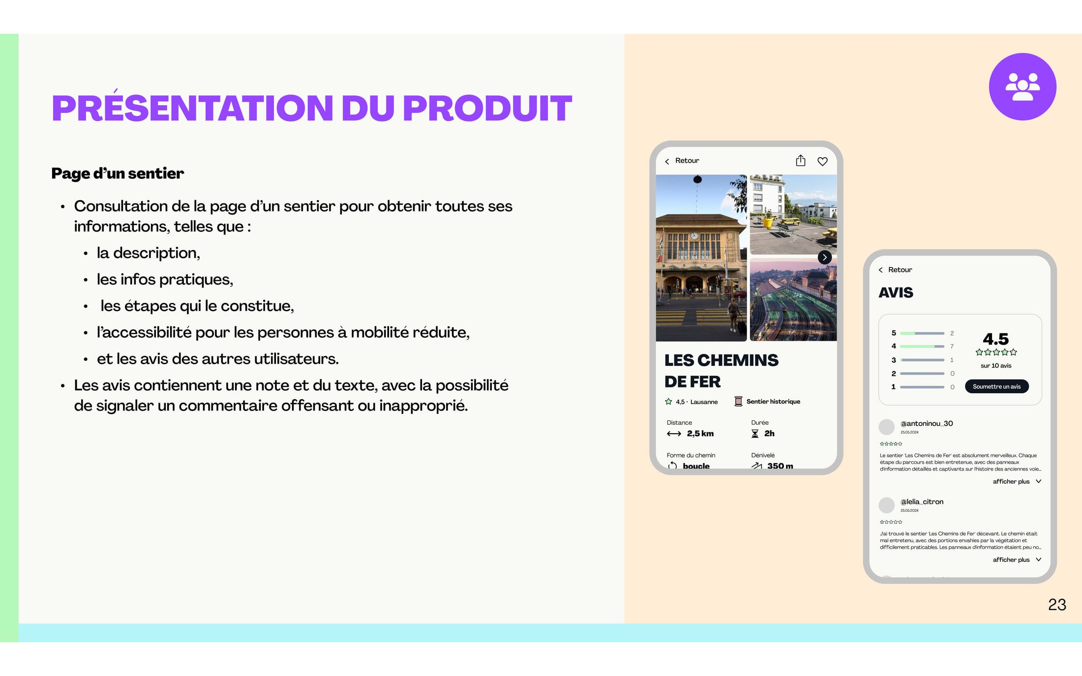 A product slide, "Page d'un sentier", showing a trail page on mobile: photos, description, distance and duration, its ordered stops, accessibility, and a reviews panel rated 4.5.