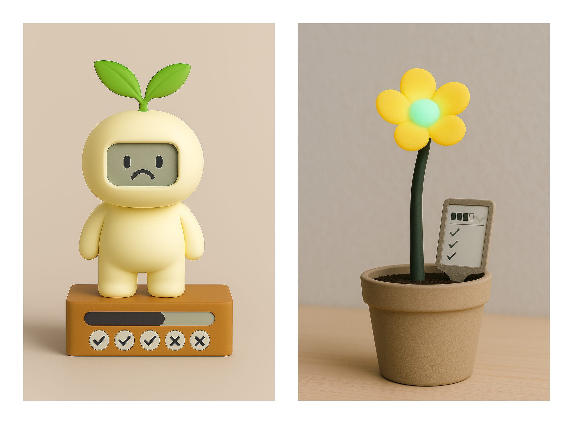 Two early concept renders side by side: a small anthropomorphic character with an animated screen face, and an artificial daisy in a terracotta pot.