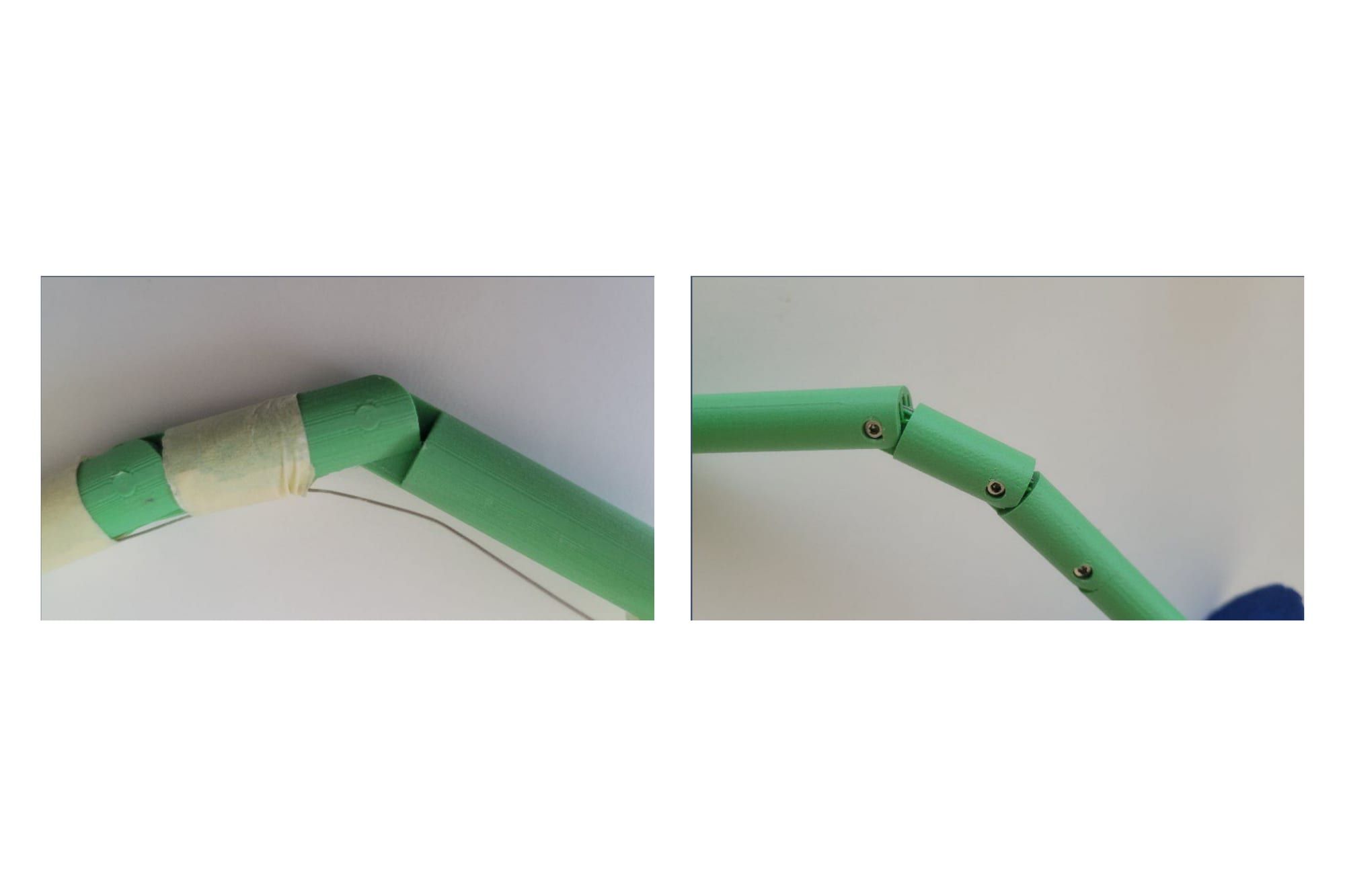 Two close-ups of the 3D-printed stem: an early one-piece joint held with masking tape, and the final segmented version articulated with small M2 screws.