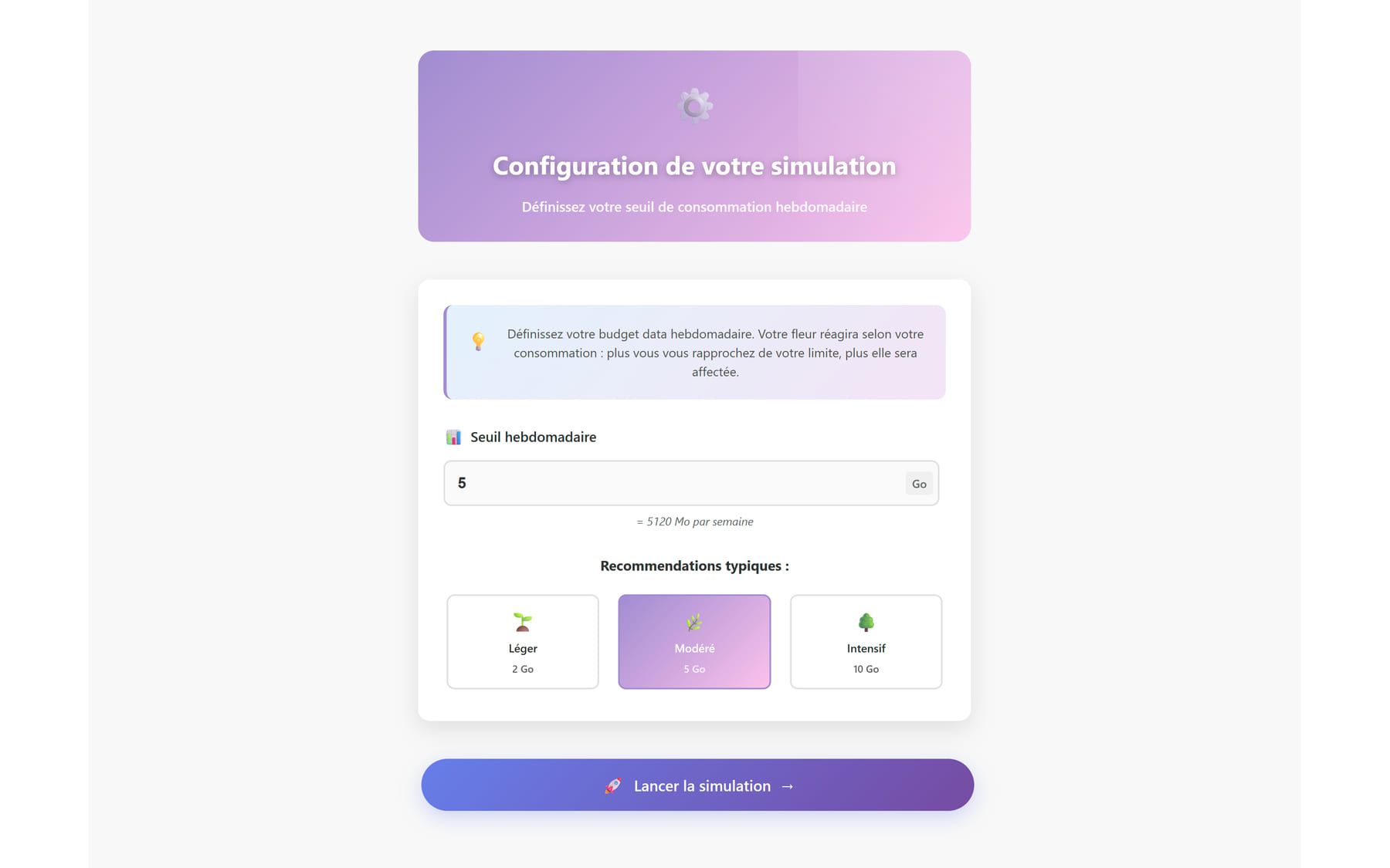 The simulation's threshold-setting screen from the second user test, where each participant set a personal weekly digital-consumption limit before the run.