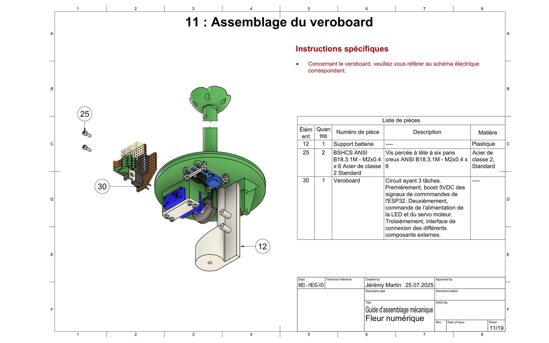 Exploded 3D assembly render of the digital flower: the full body with the ESP32 and veroboard exploded out at the base, with a numbered parts list.