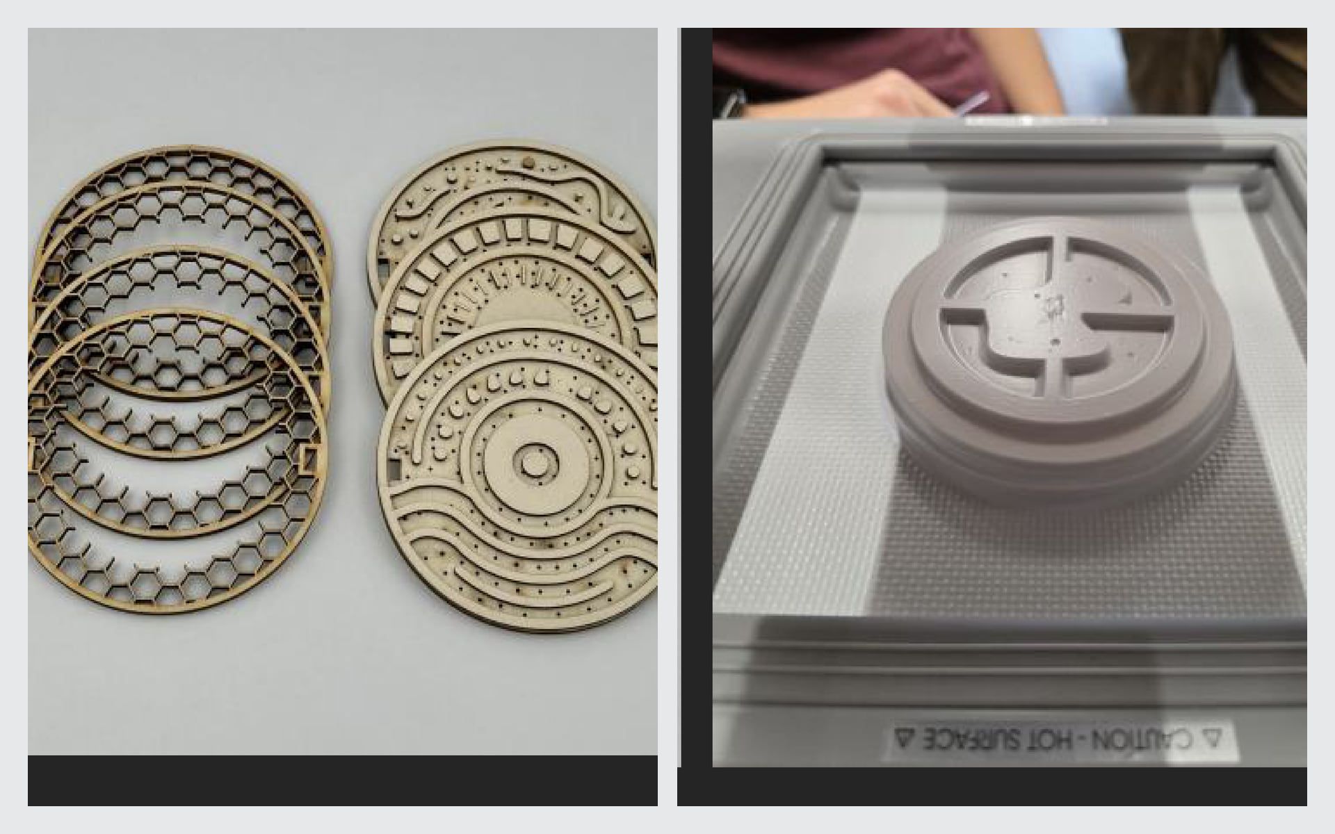 Two process shots: laser-cut layered disk patterns stacked as a positive, and a gray vacuum-formed negative mould used to cast the plaster disks.