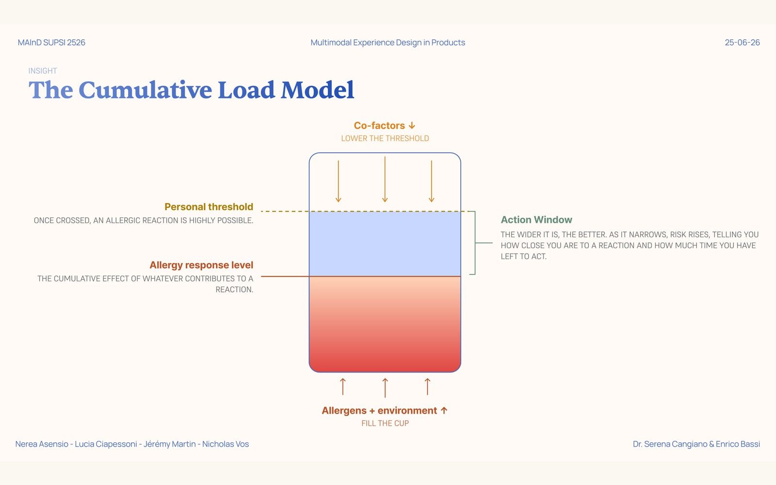 A slide from the final presentation, 'The cumulative load model': a cup filled from below by allergens and environment, co-factors lowering the threshold from above, and the gap between the current level and the threshold marked as the Action Window.