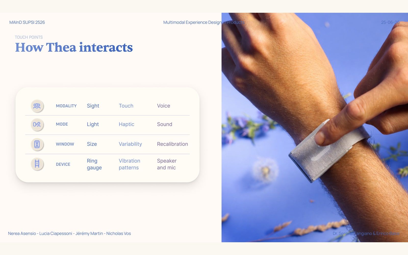 A slide from the final presentation, 'How Thea interacts': a table mapping sight, touch, and voice to light, haptic, and sound, to window size, variability, and recalibration, and to the oblong gauge, vibration patterns, and speaker, beside a photo of the device worn on a wrist.