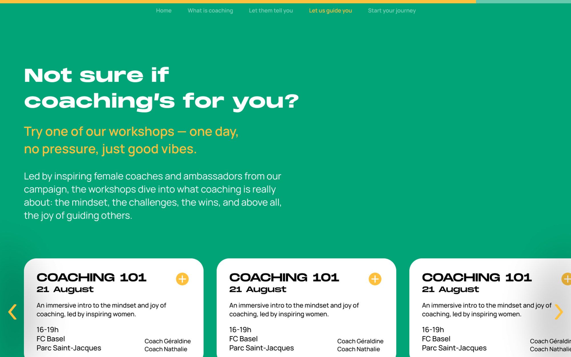 The 'Let us guide you' section on green: 'Not sure if coaching's for you? Try one of our workshops, one day, no pressure', above Coaching 101 cards with dates and venues.