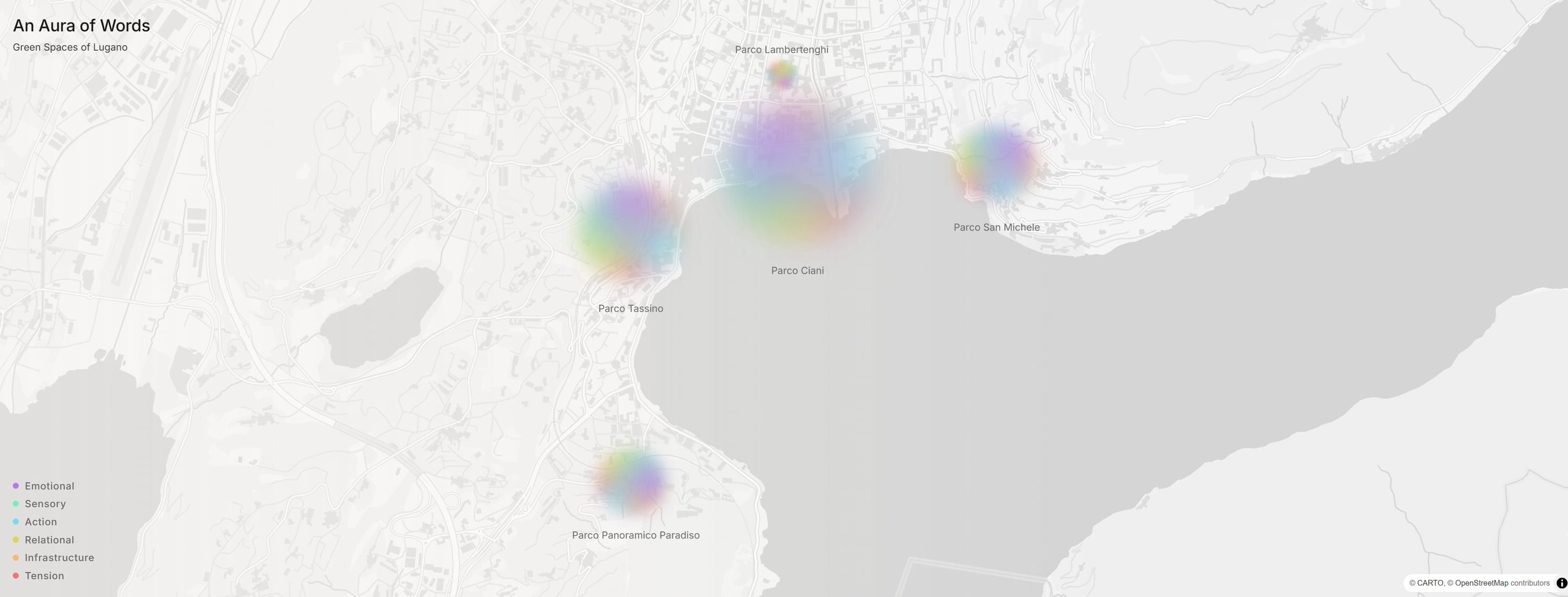 An Aura of Words: Lugano's five parks on a map, each shown as a color-blended organic aura whose size reflects its volume of citizen reviews.