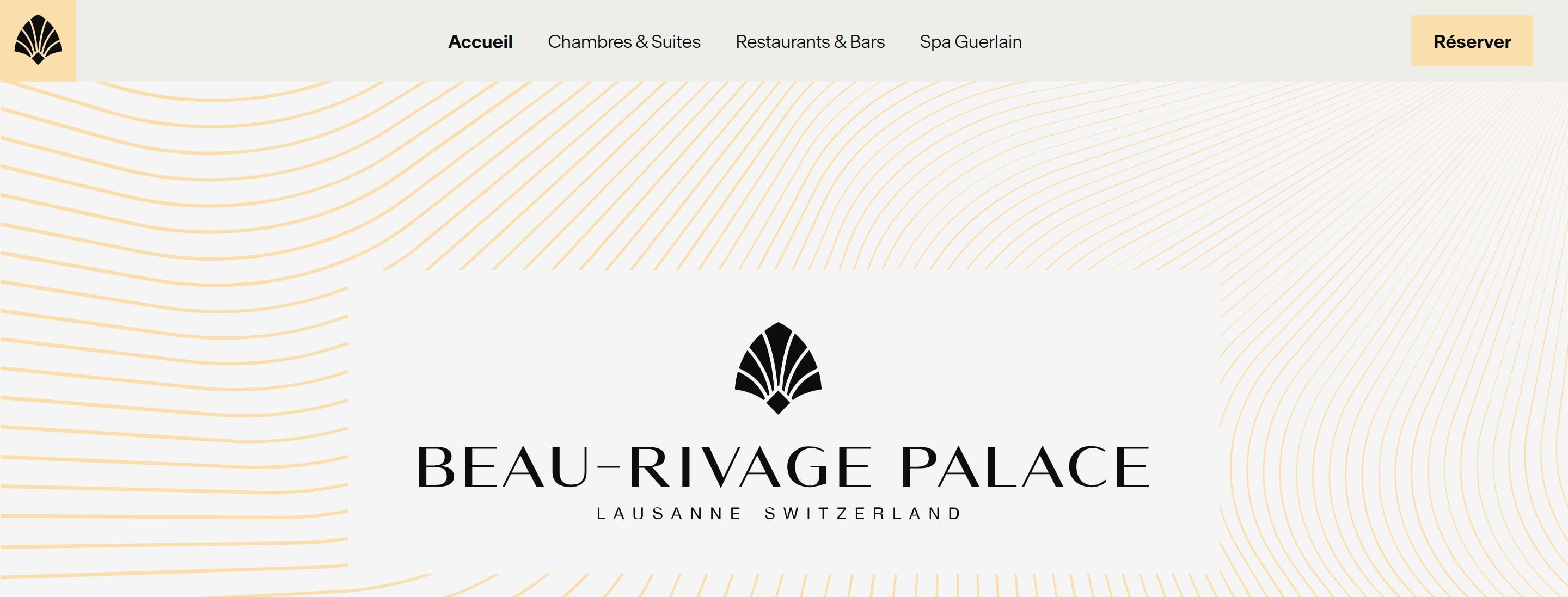 The redesigned Beau-Rivage Palace homepage at rest: a restrained top navigation and the centered 'Beau-Rivage Palace, Lausanne Switzerland' logo over a field of fine gold lines, far lighter than the original site.
