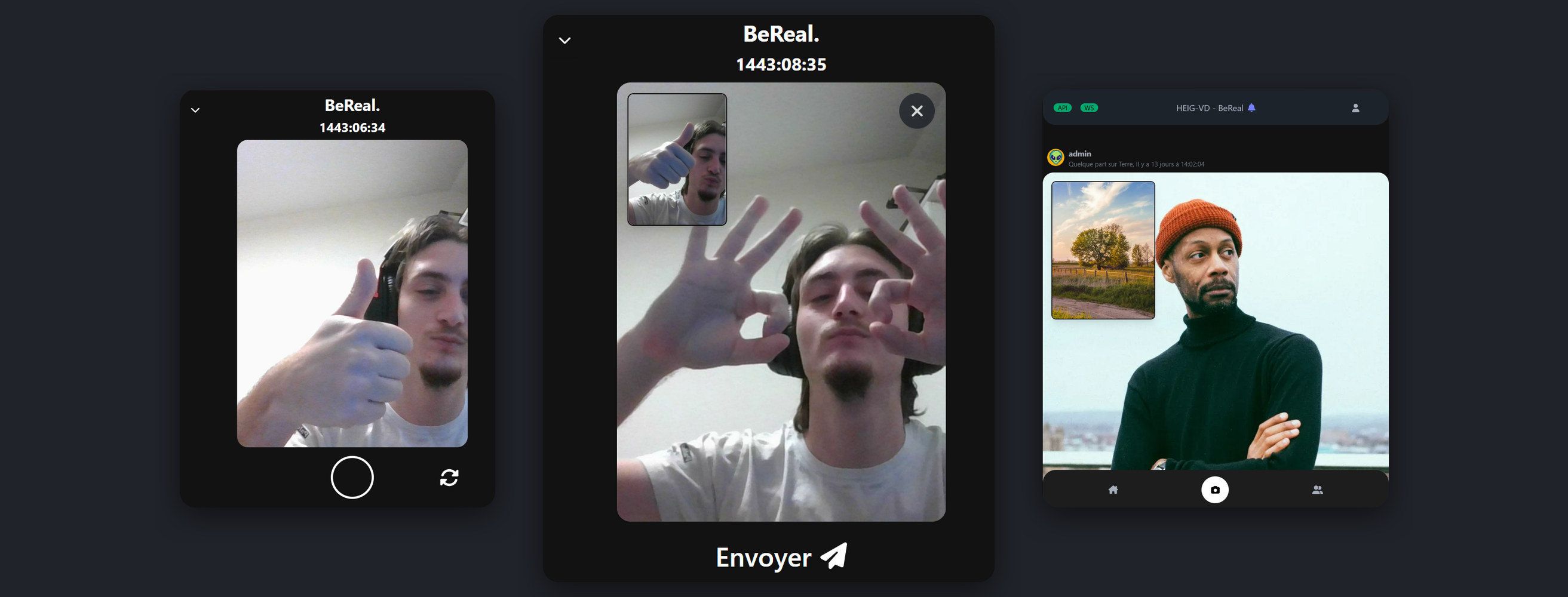 Three screens from the BeReal re-code on a dark mobile interface: the live dual-camera capture, the composed post with the rear photo full-frame and the front-camera selfie inset, and a friend's feed.