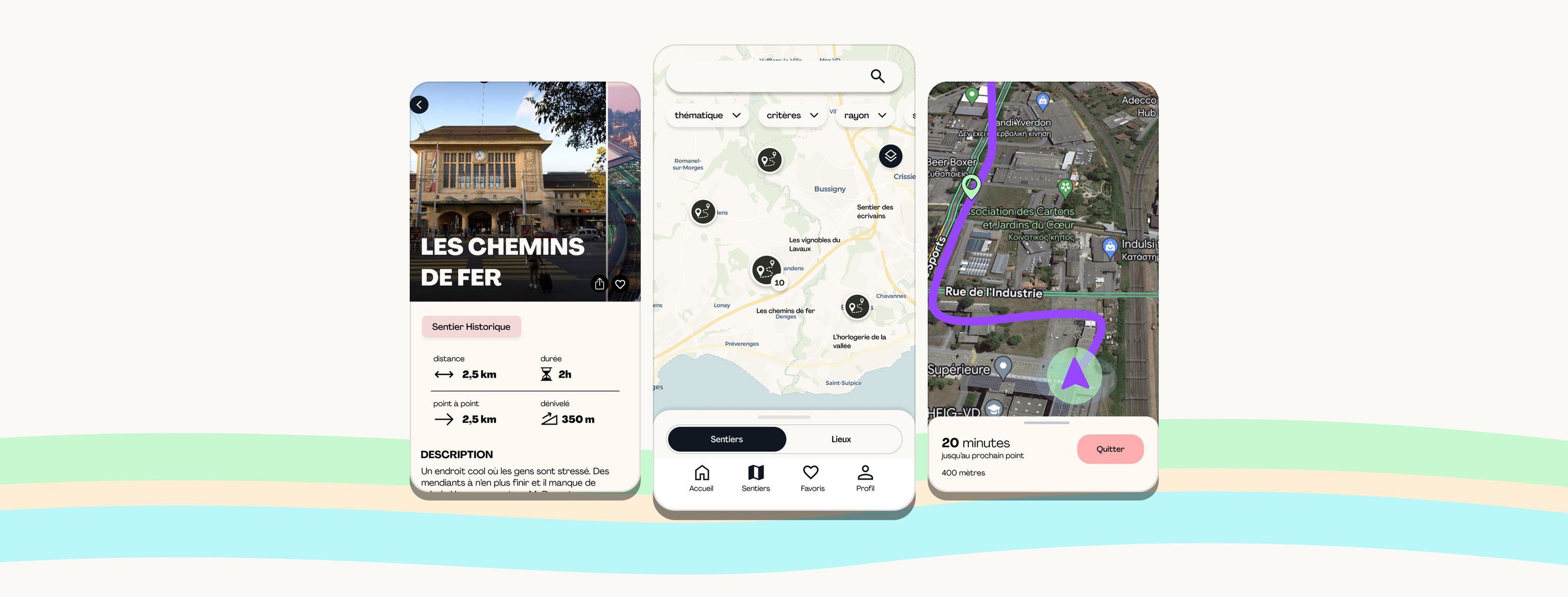 Three screens from the Sentiers culturels app standing on the project's green, peach and blue trail ribbon: a trail page for Les chemins de fer over a photo of Lausanne station, the explore map of trails across the Lausanne and Lavaux shore, and in-walk navigation following a route on a satellite map.